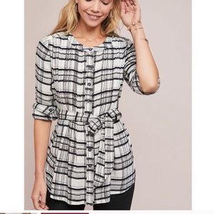 Anthropologie pintuck plaid shirt belted size 14